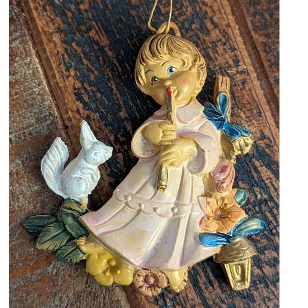 Vintage Italy Christmas Ornament Little Girl with Flute/Squirrel